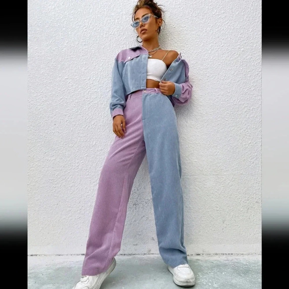 Two Tone Drop Shoulder Crop Jacket & High Waist Pants - Picture 2 of 6